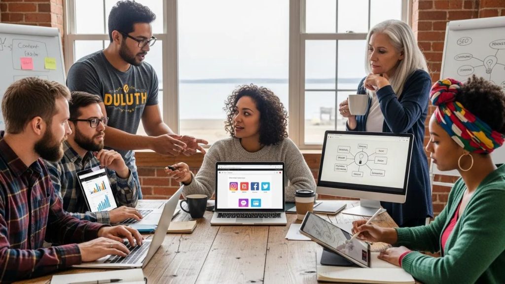 Local business owners collaborating on digital marketing strategies in Duluth