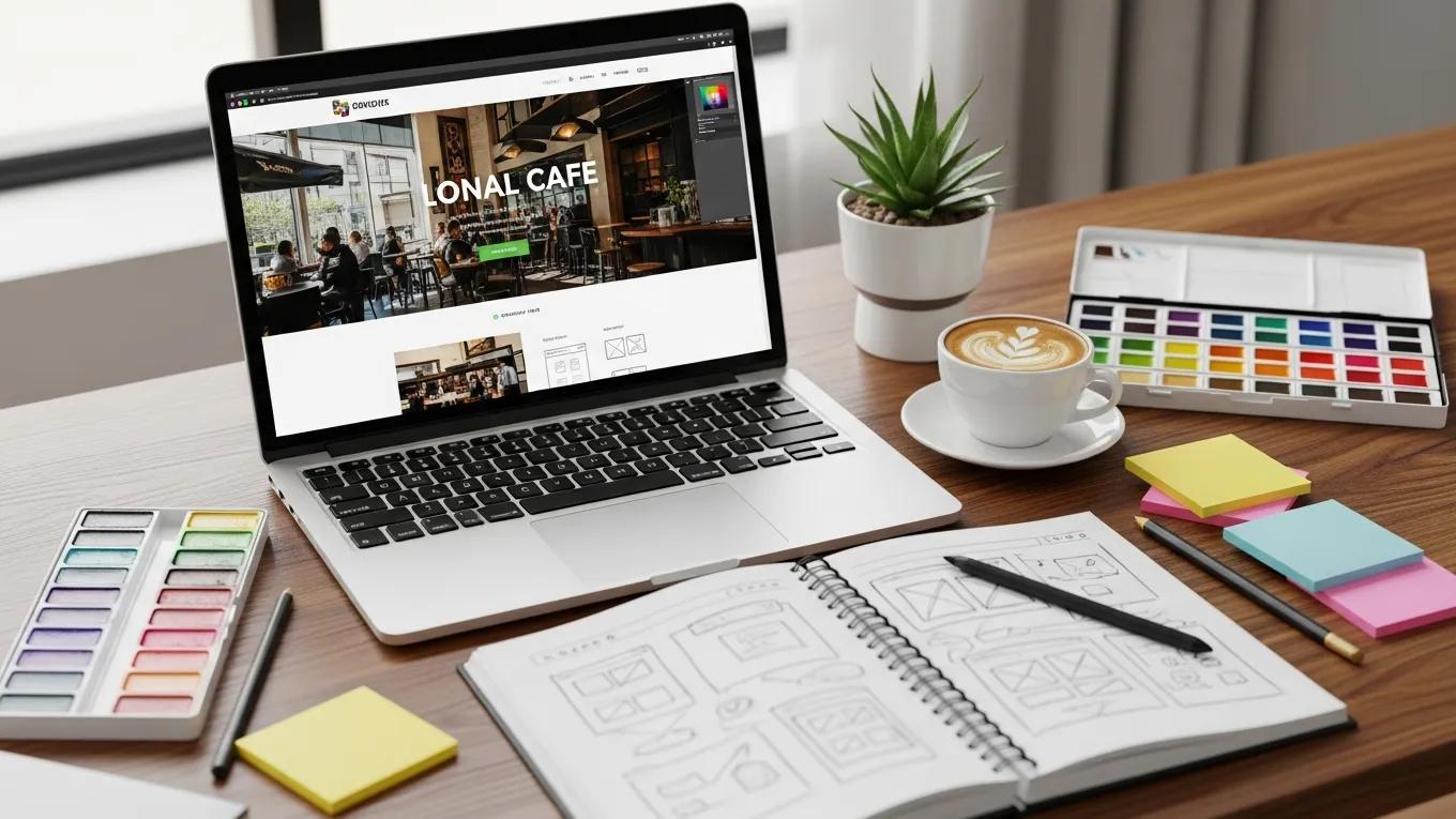 Modern website design displayed on a laptop in a creative workspace