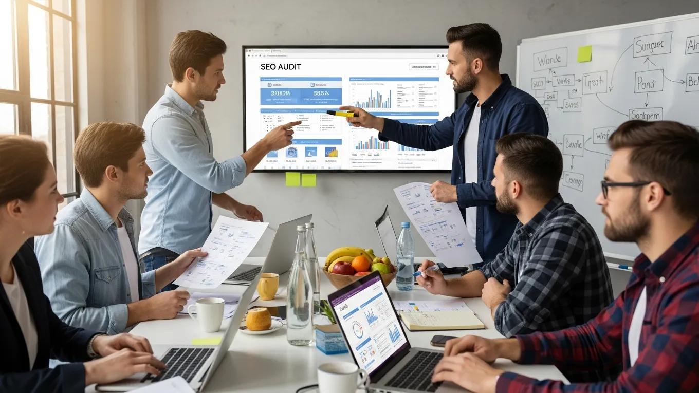 SEO specialists conducting a comprehensive audit, showcasing teamwork and technical analysis