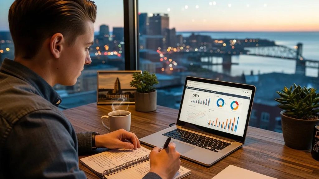 Local business owner reviewing SEO strategies in a cozy Duluth office