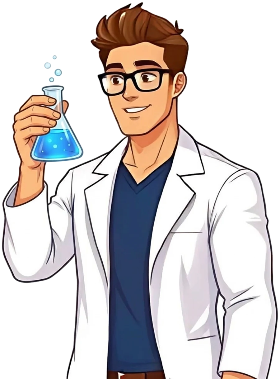 The Search Engine Scientist (an illustration of BTD co-owner Matt Lambert in a lab coat) holding up a flask of glowing blue liquid