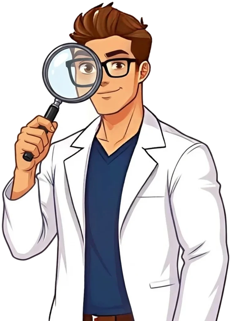 The Search Engine Scientist (an illustration of BTD co-owner Matt Lambert in a lab coat) looking through a magnifying glass