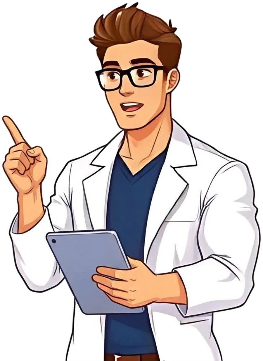 The Search Engine Scientist (an illustration of BTD co-owner Matt Lambert in a lab coat) pointing up while holding a tablet
