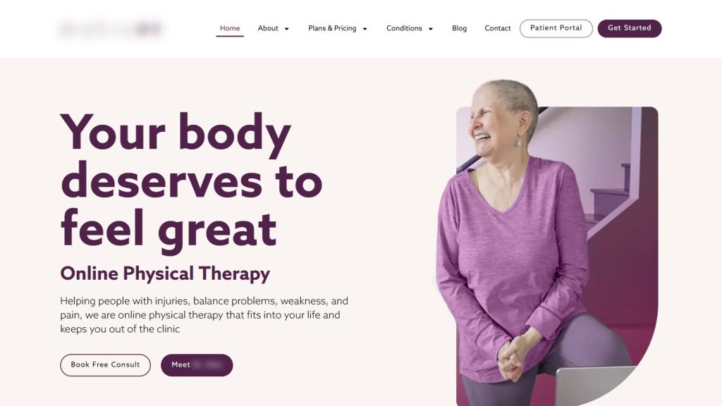 Home page of a physical therapy practice website designed and built by Building the Dream Duluth, with the business name hidden