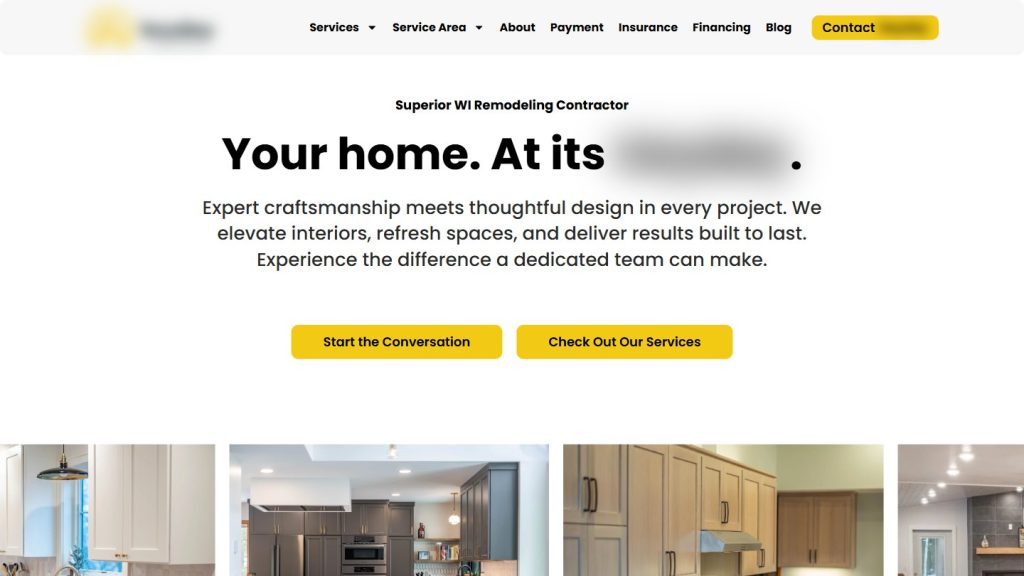 Home page of a home remodeling contractor website designed and built by Building the Dream Duluth, with the business name hidden